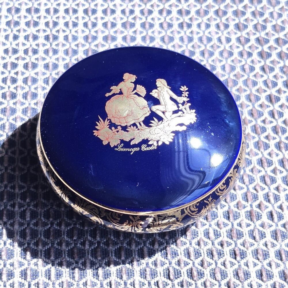 Collectible Limoges Castel Porcelain Royal Cobalt Blue 22K Gold Trinket Box VTG